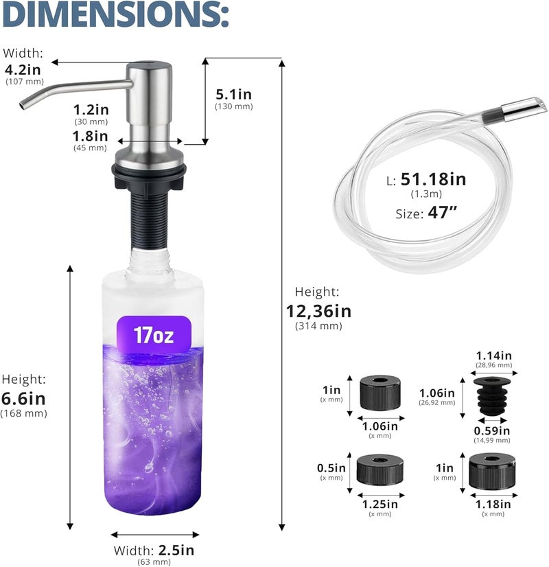 Sben Built-in Kitchen Sink Soap Dispenser – Stainless Steel Brushed Nickel Pump, 17 oz Bottle and Extension Tube Kit 47", Upgraded Metal Check Valve, Countertop Hand Soap & Lotion Dispenser - Image 5